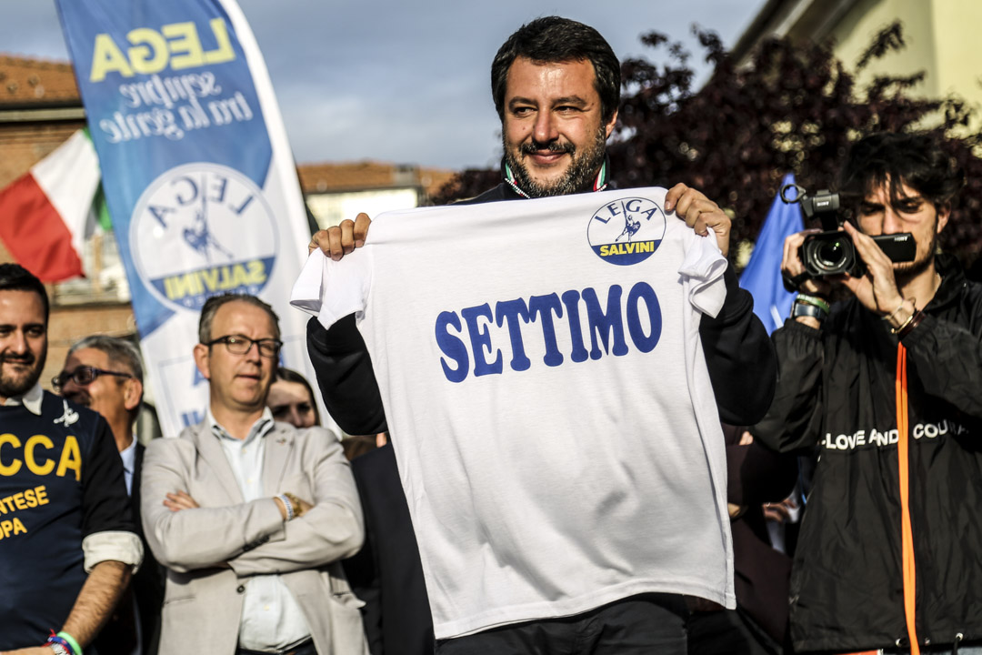 2019年5月12日，反移民的联盟党（Lega）领导人萨尔维尼（Matteo Salvini）在都灵向支持者发表讲话。 