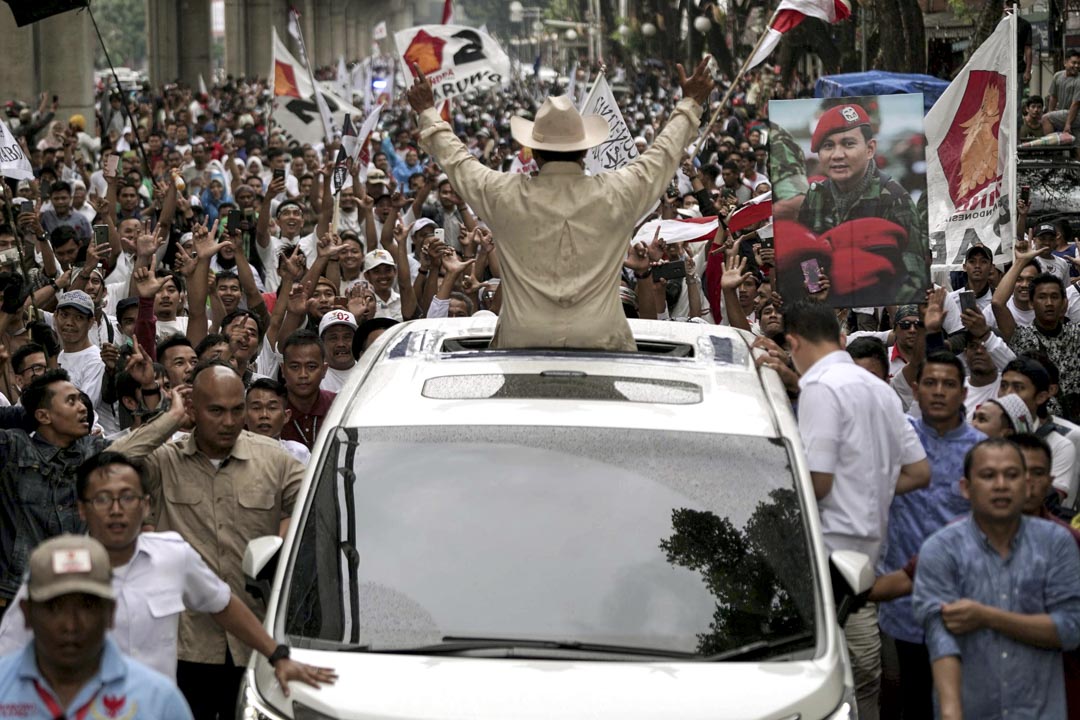 2019年4月9日，总统候选人Prabowo Subianto于印尼苏门答腊省举行竞选活动。