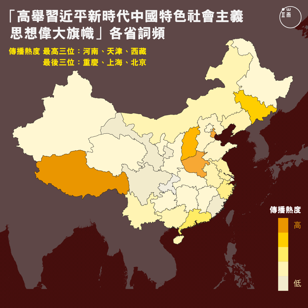 「高舉習近平新時代中國特色社會主義思想偉大旗幟」各省詞頻。