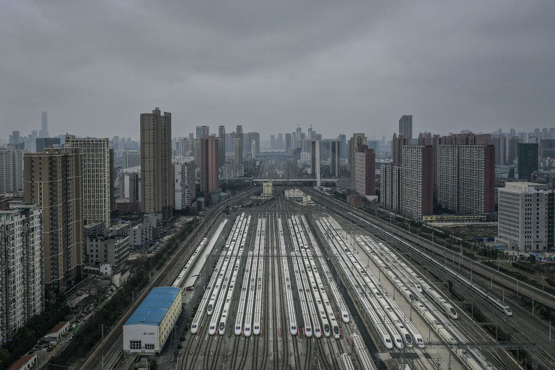 2020年2月11日，不少高鐵列車都停泊在武漢市的漢口火車站。 