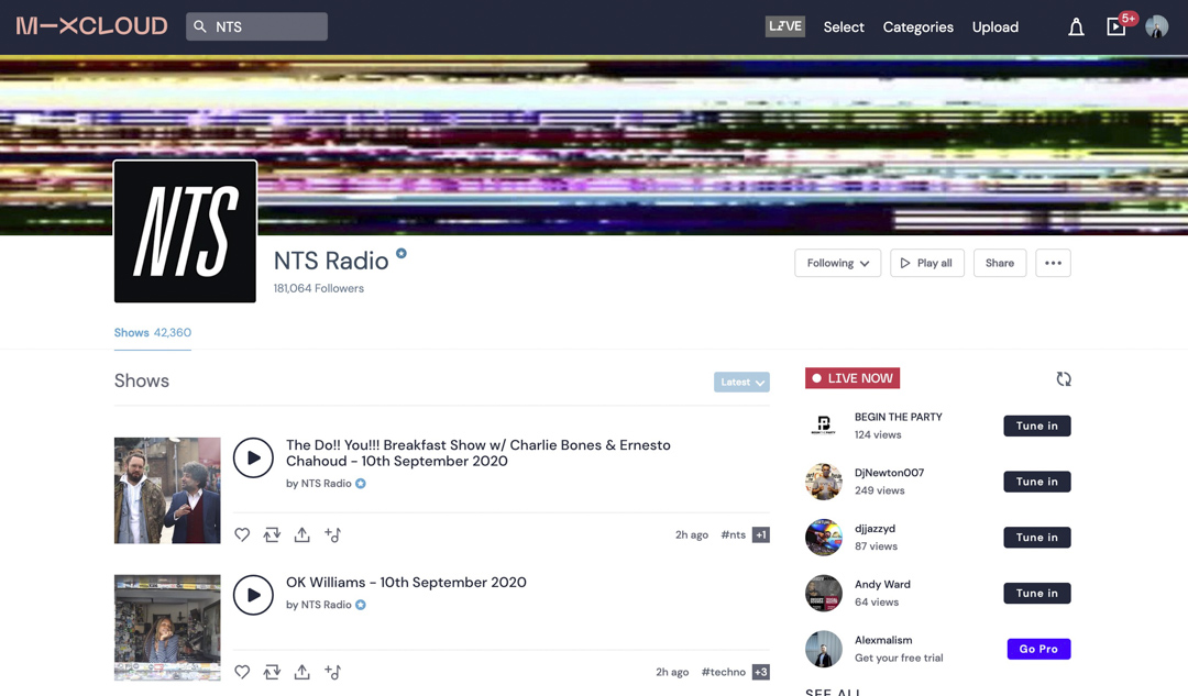 著名网络音乐电台 NTS 在 Mixcloud 上有超过四万多个节目录音。