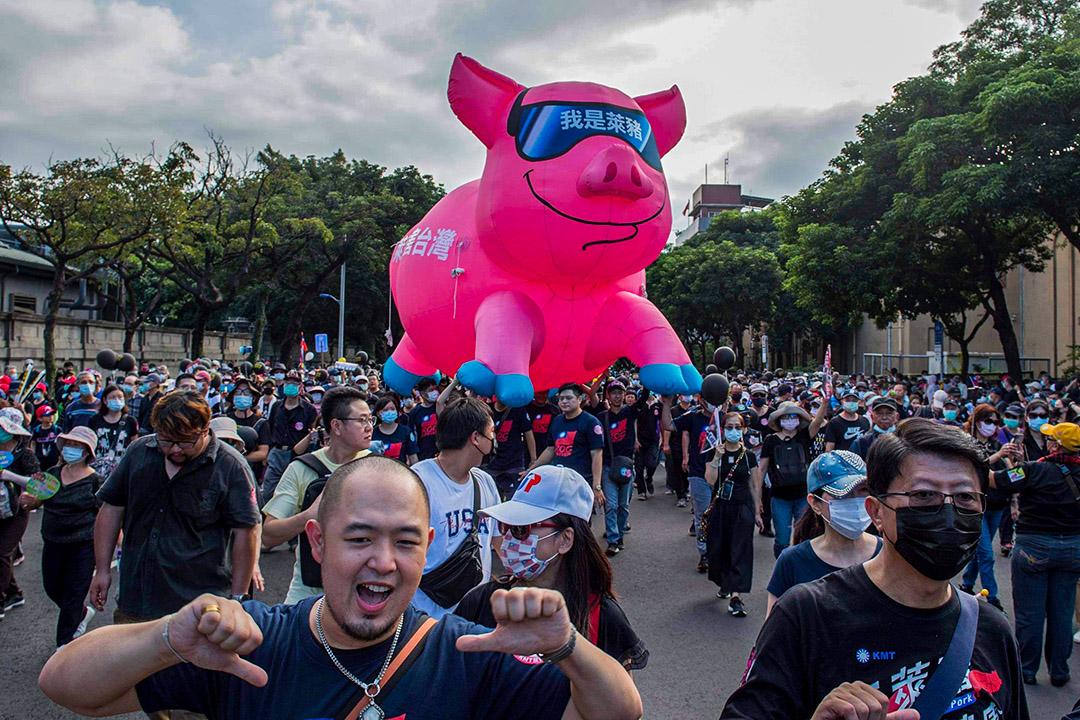 2020年11月22日台北，数十个团体举行“秋斗”大游行，示威者游行至民进党总部，抗议蔡英文政府放宽从美国进口含瘦肉精猪肉。