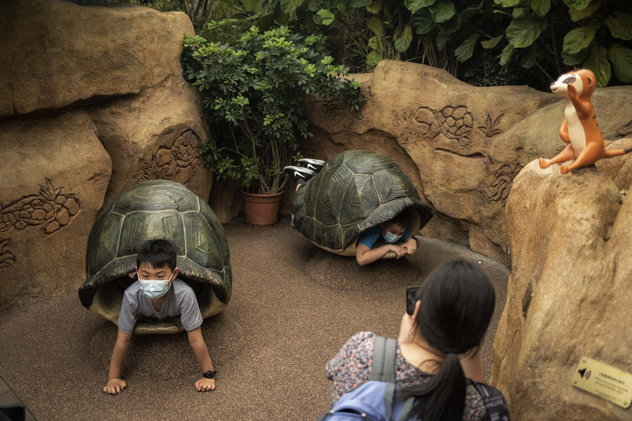 2021年4月1日，兒童戴著口罩遊海洋公園，其中走進龜殼的擺設内。