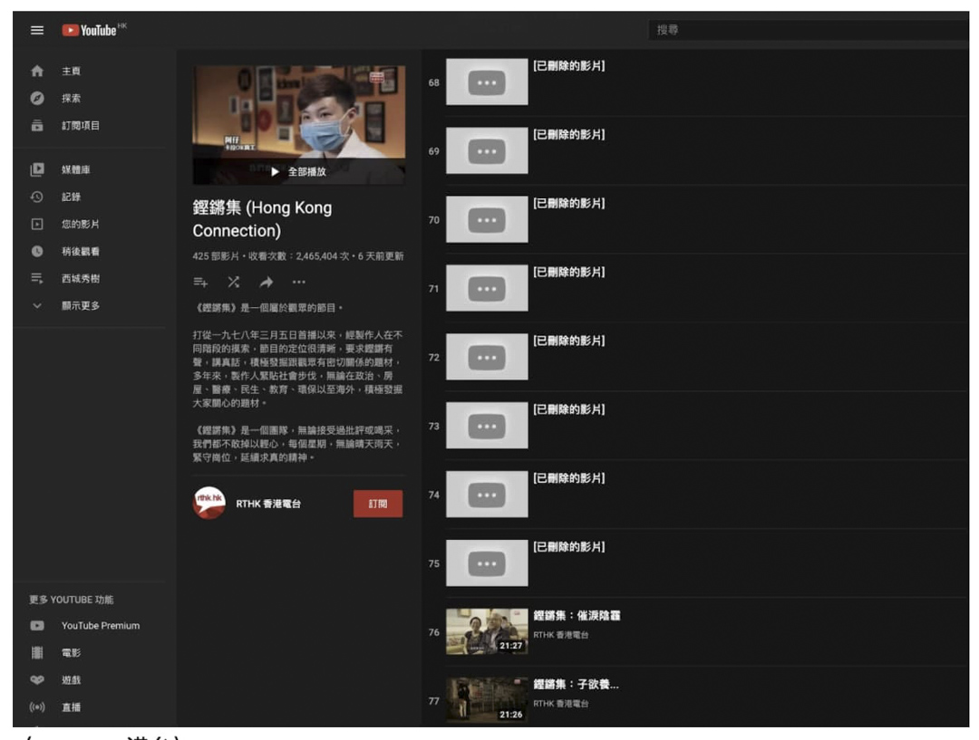 2021年5月，港台删除在YouTube、Facebook等社交平台上播出已届一年的影片，包括多集《铿锵集》节目。