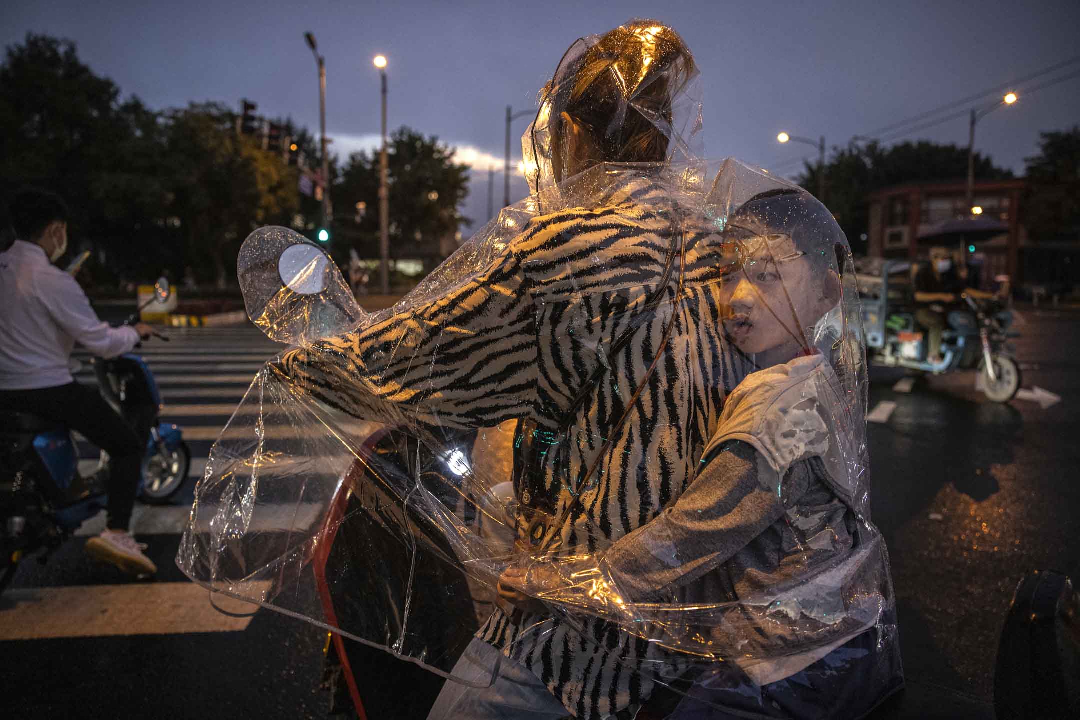 2021年9月8日，北京的一场暴雨中，一个男孩坐在他母亲的塑料雨衣里，等待红绿灯过马路。