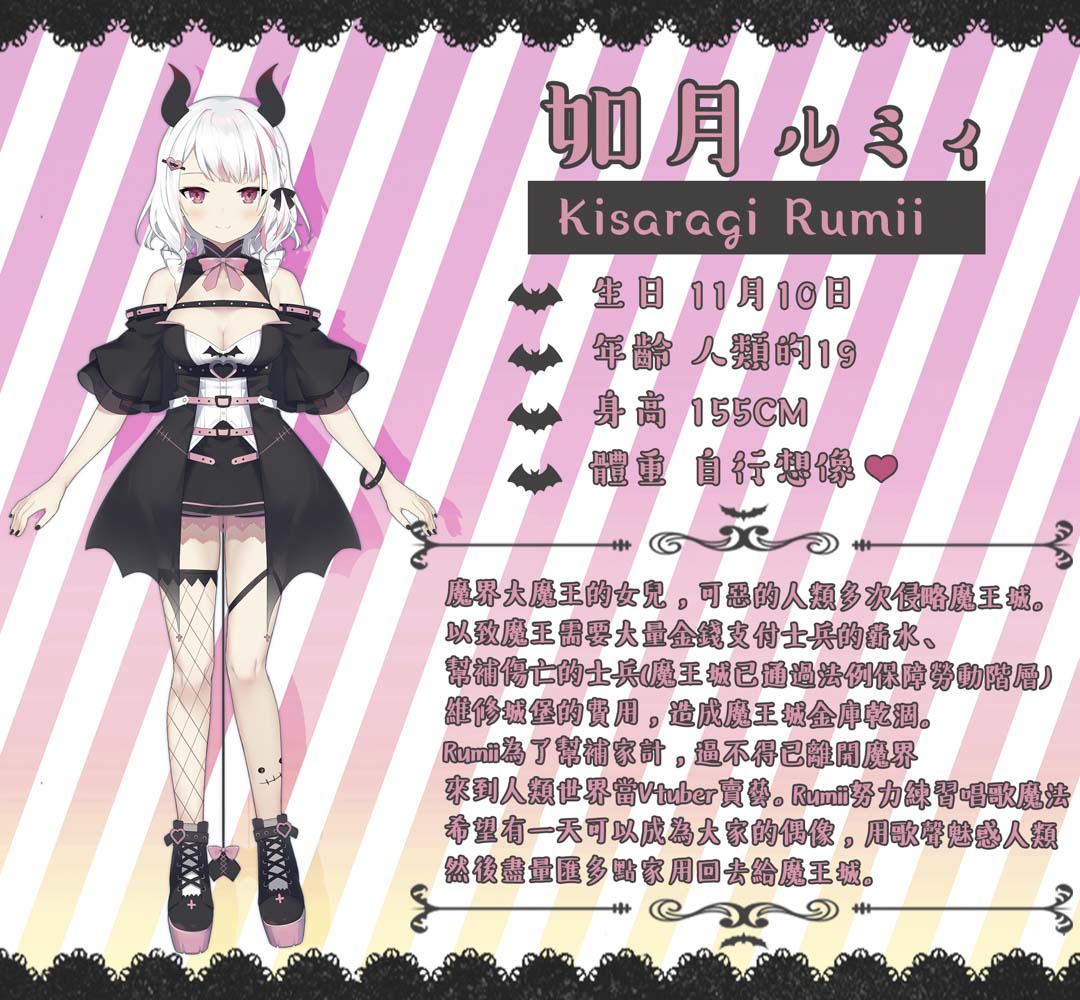 Rumii的人物设定是大魔王的女儿。魔界因被人类多次侵略，以致需要大量金钱支付士兵薪水，她逼不得已去人类世界卖艺帮补家计。