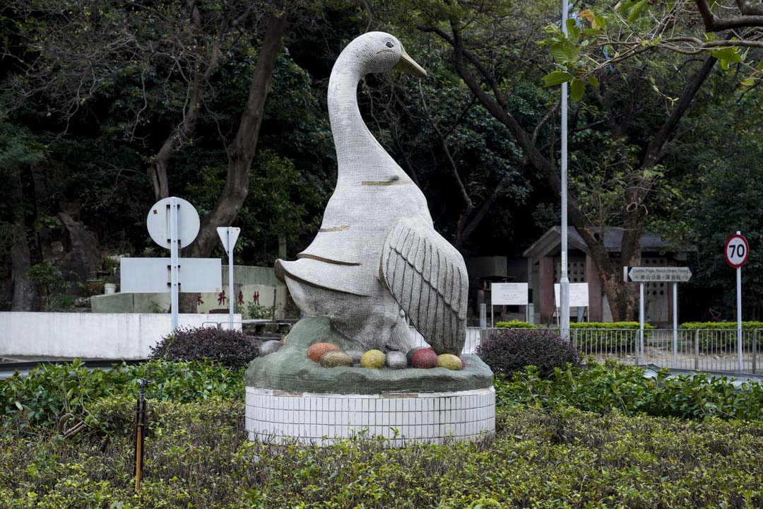 荃湾区议会曾耗费七十万元兴建的一座巨大鹅形雕塑，用意在凸显“深井烧鹅”的特色。摄：林振东/端传媒 