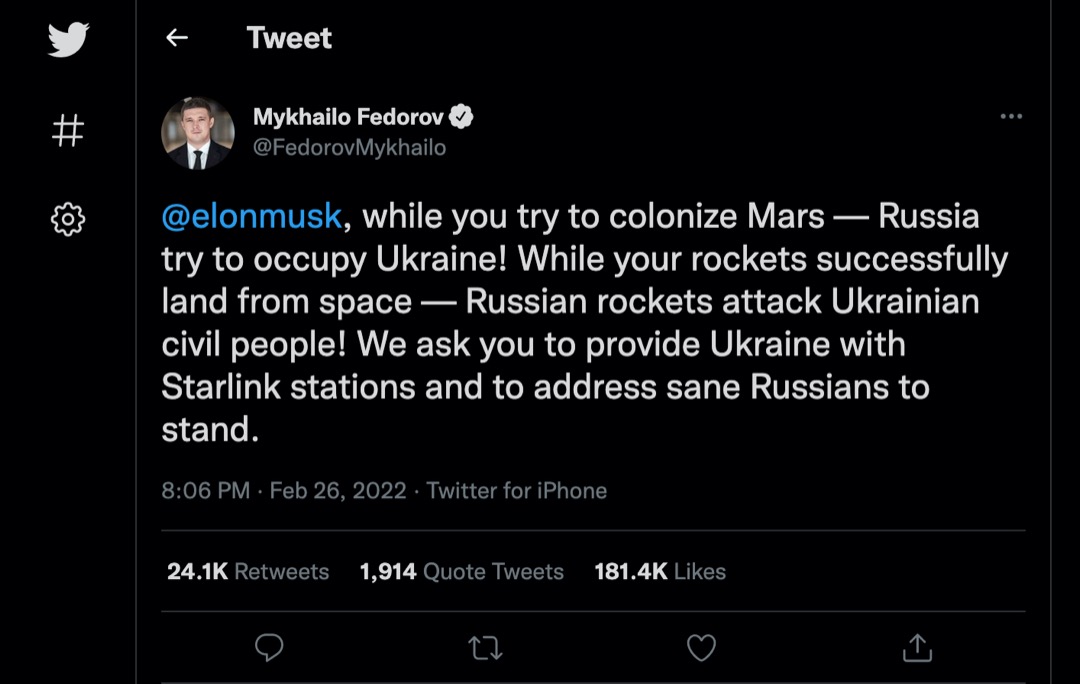 2月26日，烏克蘭副總理Mykhailo Fedorov則在Twitter上向SpaceX首席執行官伊隆·馬斯克求助，希望其為烏克蘭提供「星鏈」（Starlink）服務，以幫助改善烏克蘭的互聯網連接狀況。