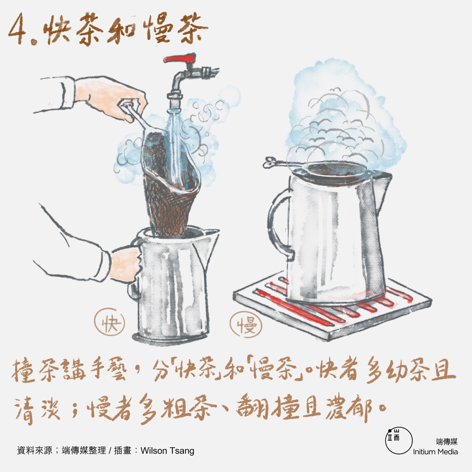 撞茶講手藝，分「快茶」和「慢茶」。快者多幼茶且清淡；慢者多粗茶、翻撞且濃郁。