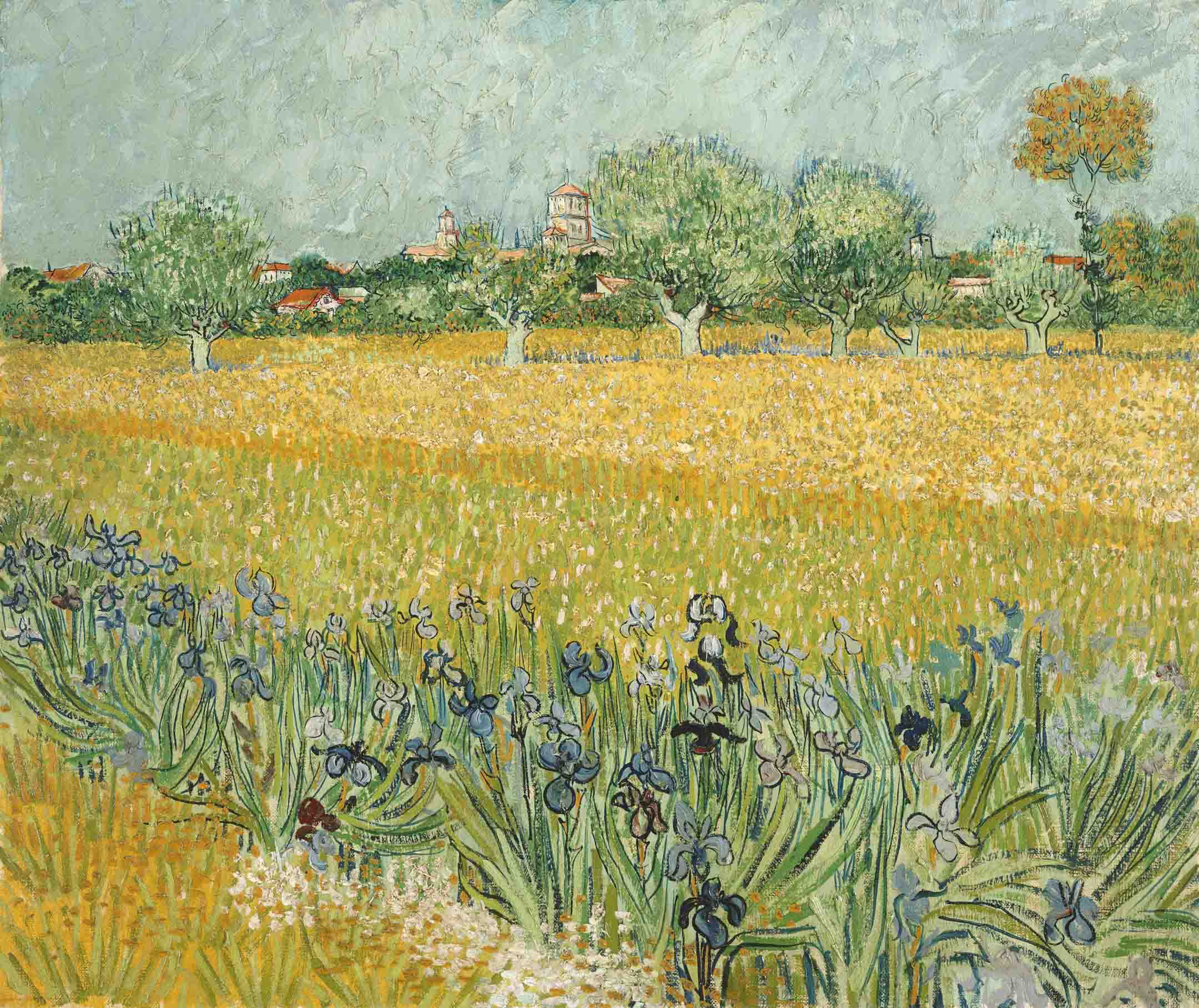 梵高畫作《阿爾勒附近的鳶尾花田》（Field with Irises near Arles），1888 年。收藏於荷蘭阿姆斯特丹梵谷博物館。攝：VCG Wilson/Corbis via Getty Images