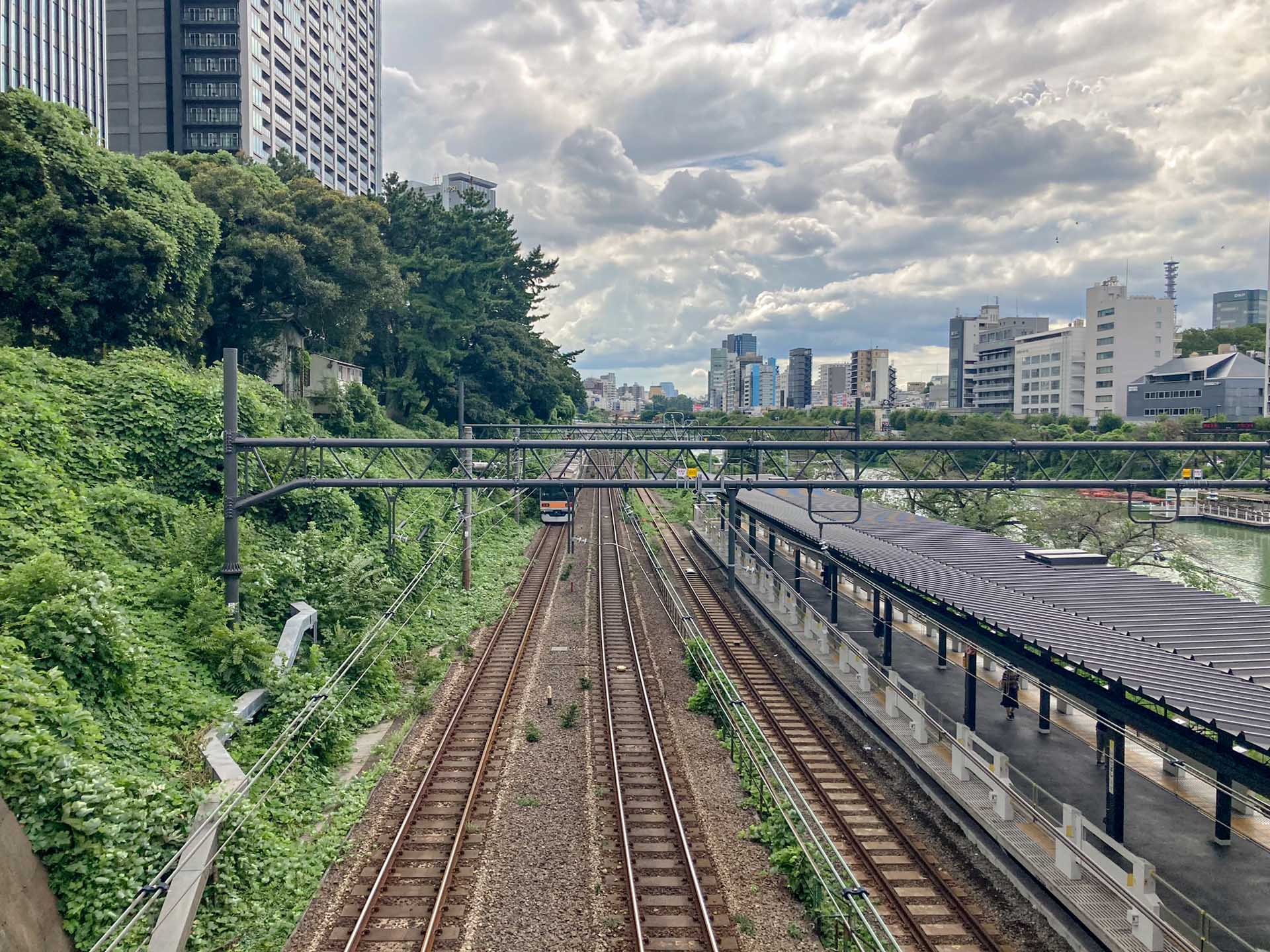 今富士见町二丁目九番外望。作者在9月来到萧红在东京旅居的地点考察，想像萧红都曾看过的河景与电车风景。如再考证一下，对照古今地图的话，神社外的树木行列，也可能是萧红可看到的风景。图：作者提供