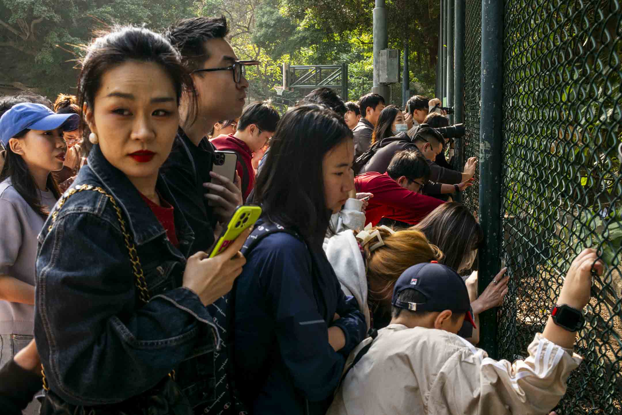 科士街游乐场的一众内地游客，拍摄目标是在围栏铁丝网外的西环夹缝中海景。摄：林振东/端传媒