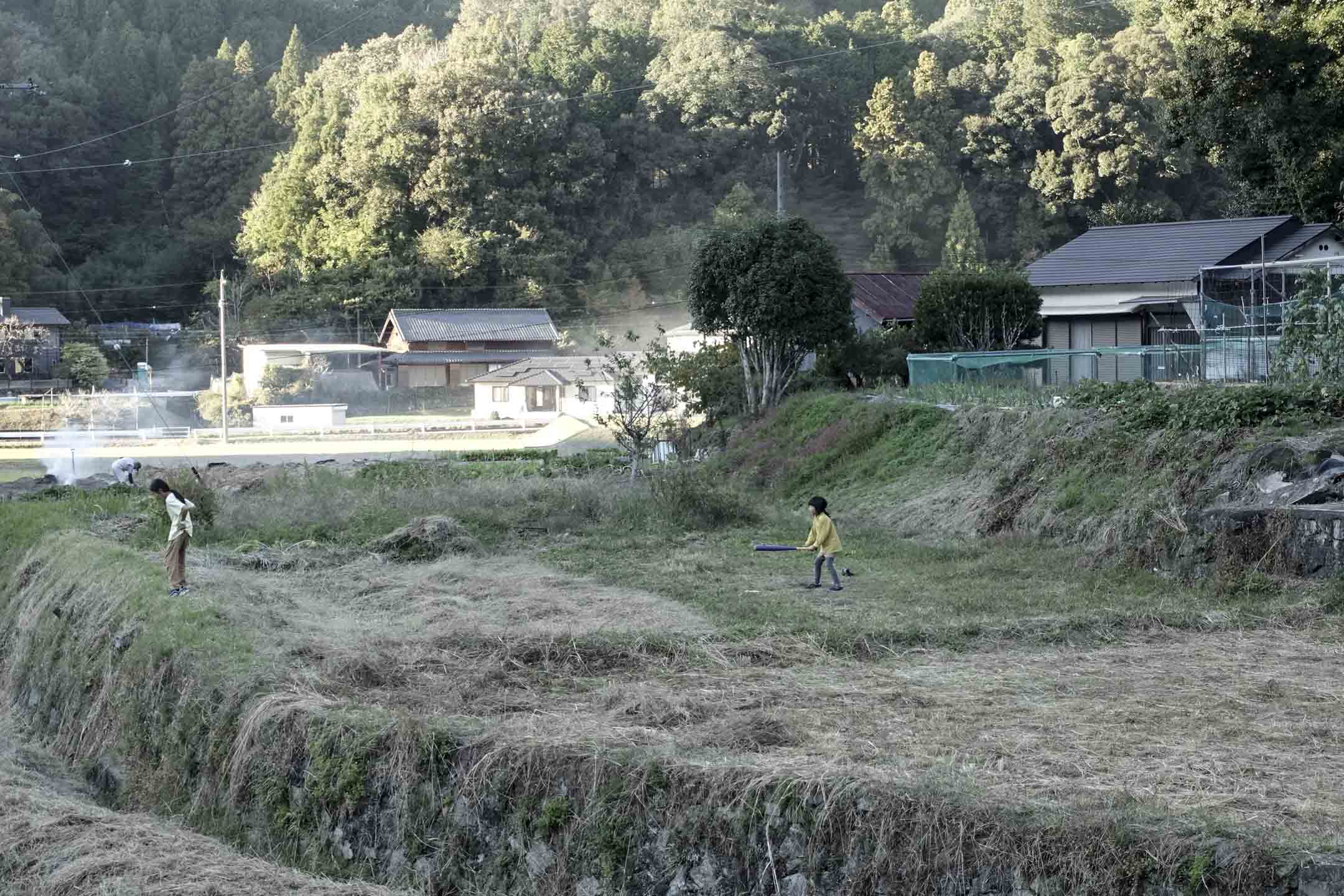 为神社的注连绳而打理的稻田，在收成过后，便成为了孩子们的游乐场。摄影：林琪香