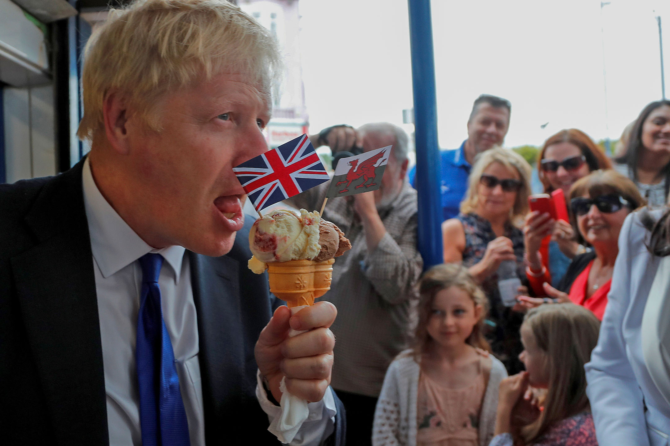 2019年7月6日，英國保守黨約翰遜在英國巴里島出席競選活動。攝： Frank Augstein/Pool via Reuters/達志影像