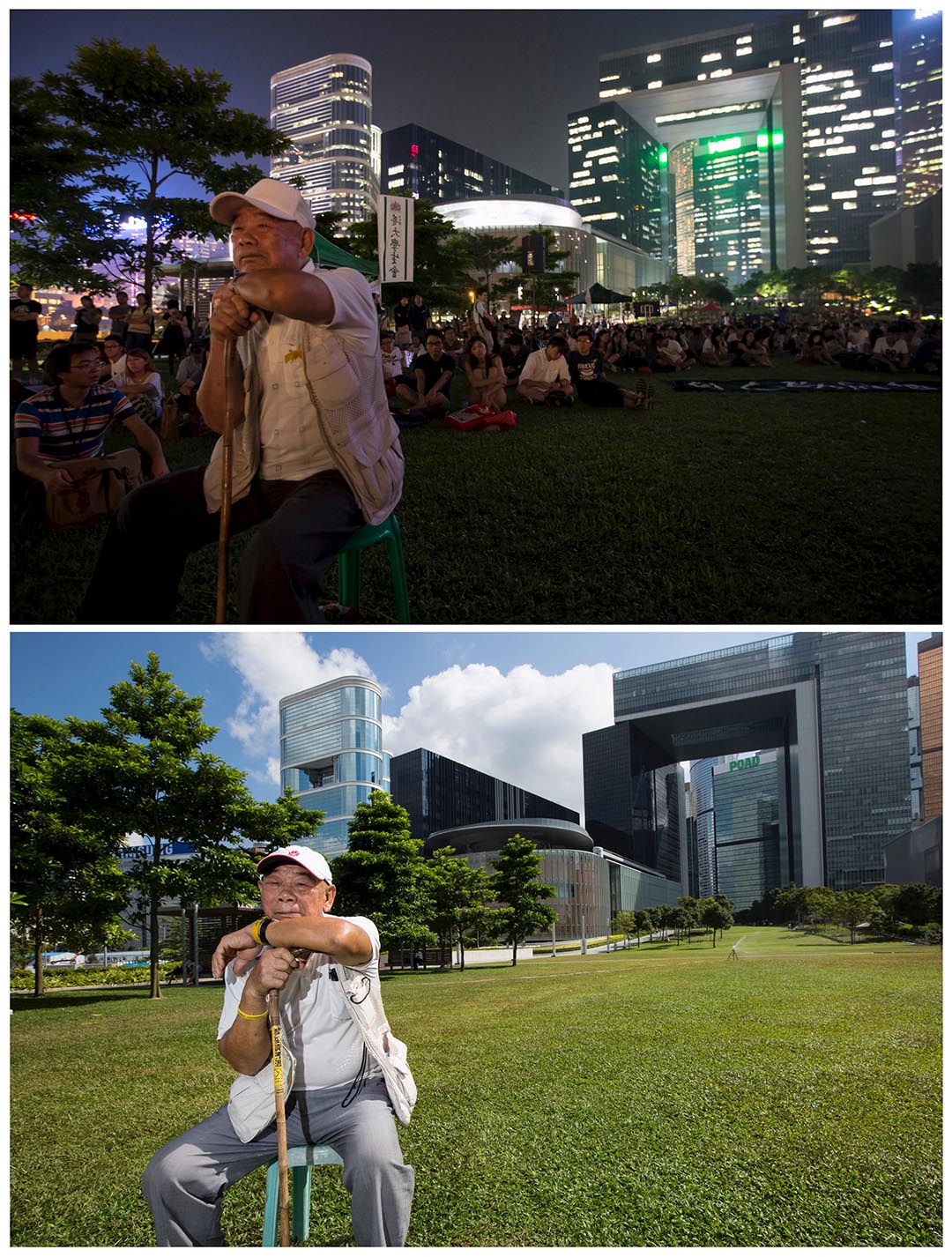 上圖為90歲的黃伯於去年9月24日,在添馬公園參加爭取真普選集會。一年後黃伯重遊舊地,他謂:「我由80年代起參與民主運動。如果下次大型民運再臨,或許我已走不動。到那時候,我希望有人可以揹起我,帶我參加集會。」攝:Tyrone Siu/REUTERS