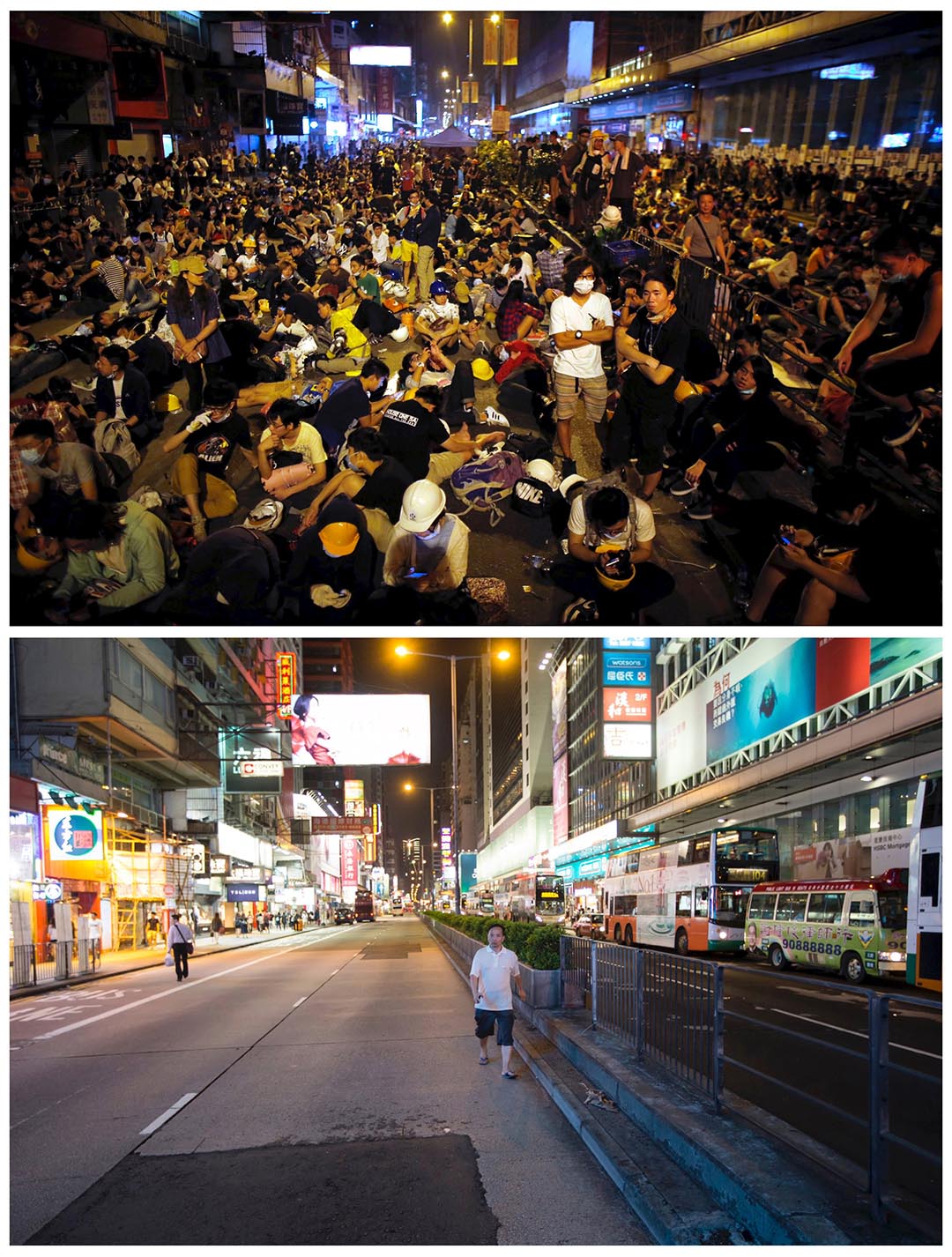 上圖攝於去年10月20日,爭取普選的示威者在旺角佔領區集會。下圖攝於今年9月16日,在旺角同一位置。攝:(上圖)Carlos Barria/REUTERS,(下圖)Tyrone Siu/REUTERS