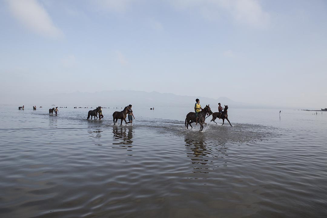 小騎師們帶馬兒到海灘。攝:Putu Sayoga