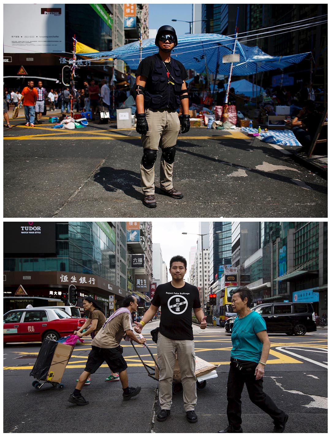 上圖攝於去年10月7日,人稱美國隊長的容偉業在旺角佔領區戴上保護衣物。下圖攝於今年9月17日,容偉業重返旺角亞皆老街拍照。他說:「雨傘運動是百年難得一遇的抗爭。雖然我的家人反對我參與抗爭,但我不會放棄。」 Bobby攝:(上圖)Bobby Yip/REUTERS,(下圖)Tyrone Siu/REUTERS