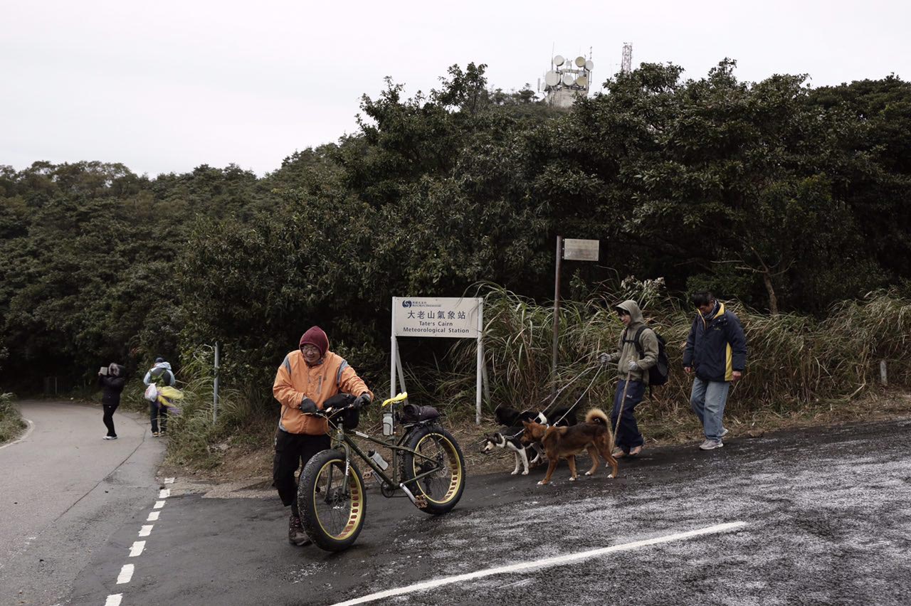 2016年1月24日，香港氣溫急降，飛鵝山路面結冰，仍有登山人士帶同單車及狗隻上山。攝：Anthony Kwan/端傳媒