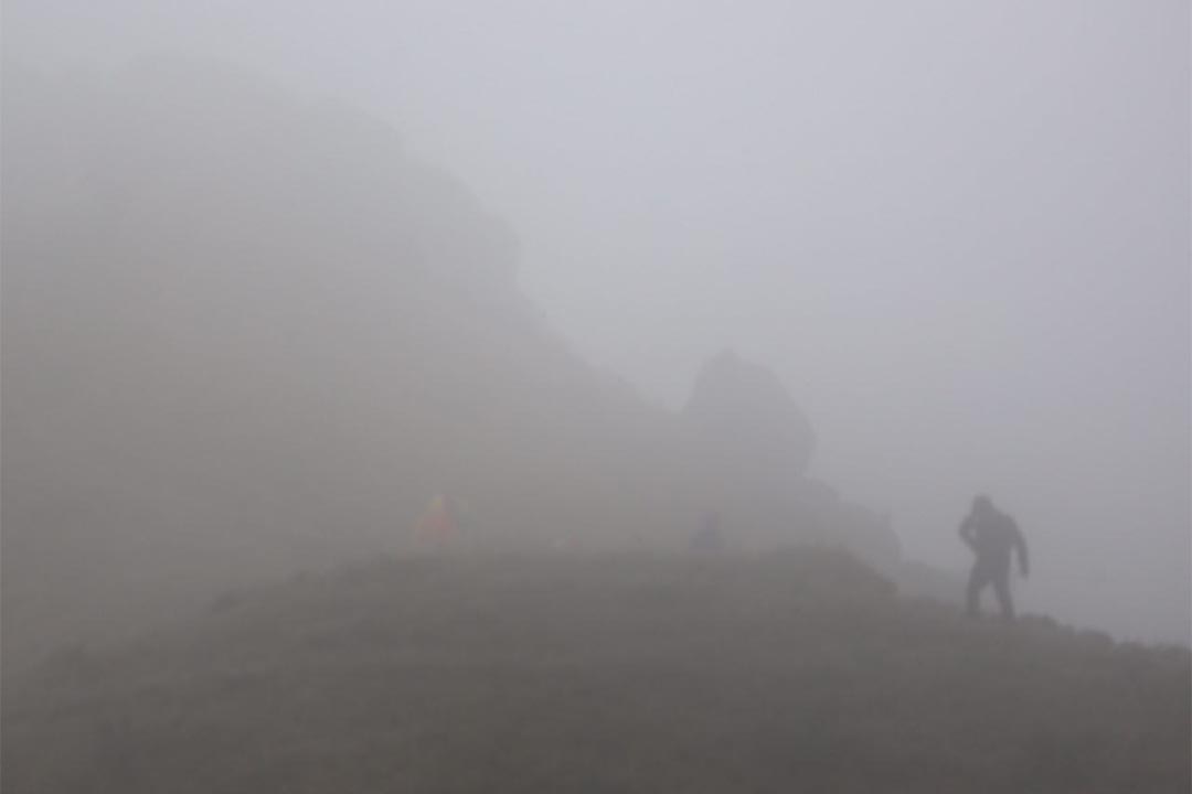 2016年1月23日，香港，大嶼山鳳凰山在寒流下被濃霧籠罩，植物結霜，路面亦有薄冰，但仍有人趁機登山賞霜。攝：盧翊銘/端傳媒